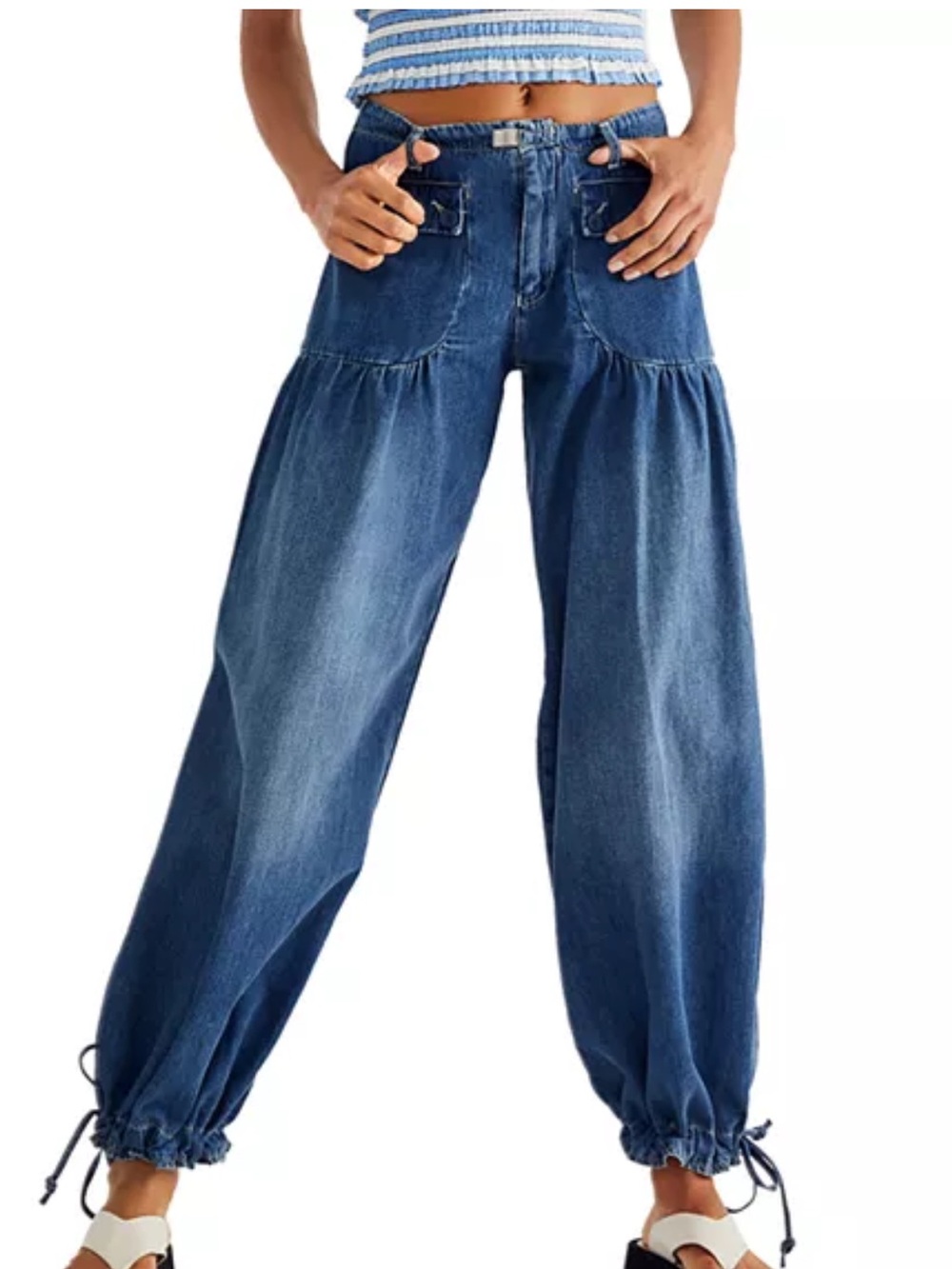 Free People We The Free Indigo Lotus Barrel Wide-Leg Drawstring Hem Jeans